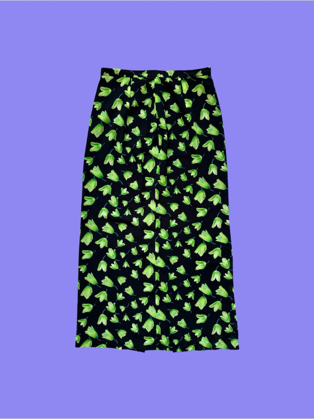 Vintage Black Maxi Skirt with Bright Green Floral Print